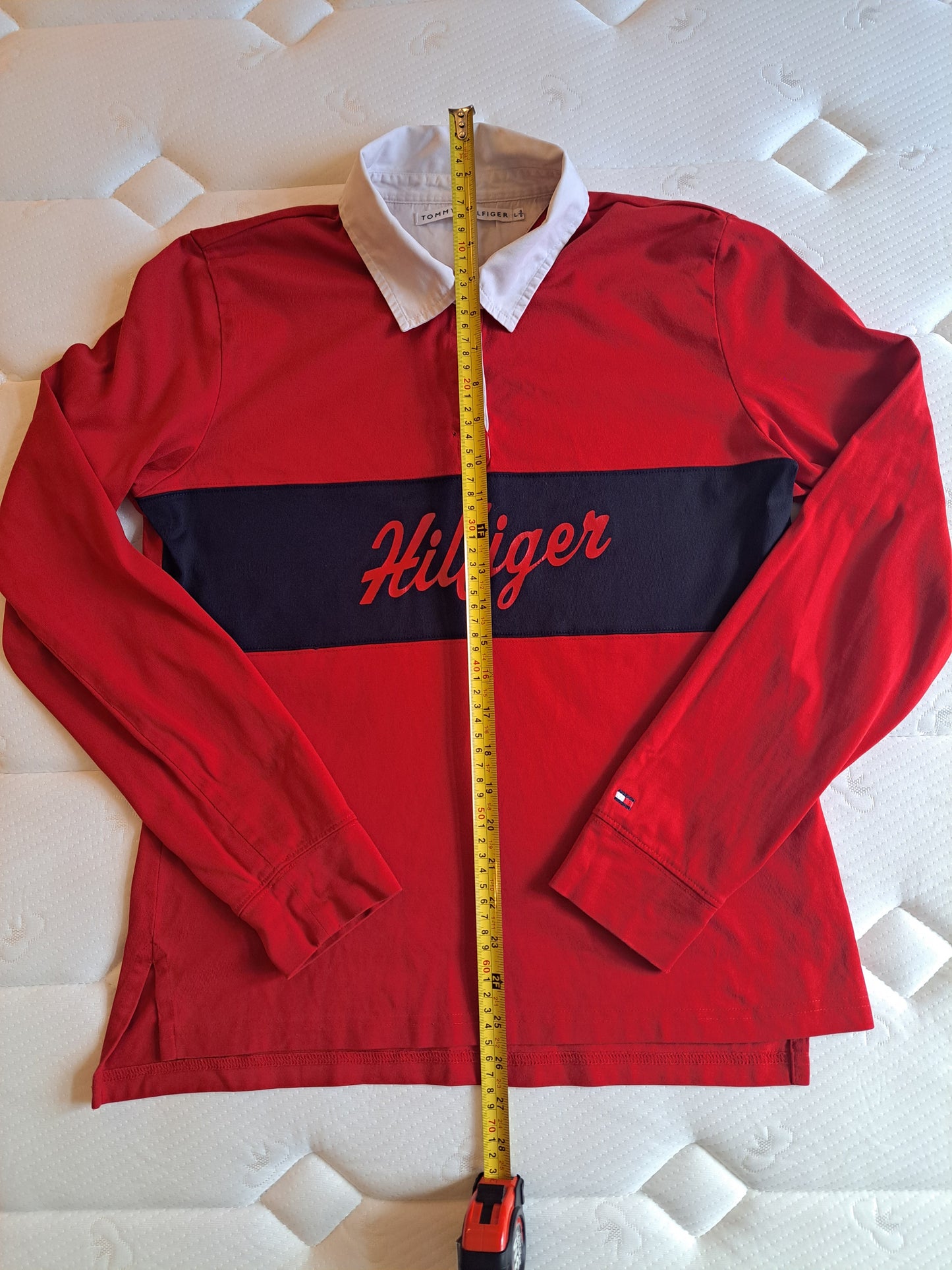 Tommy Hilfiger Rugby Shirt Red Navy Long Sleeve Polo Size L