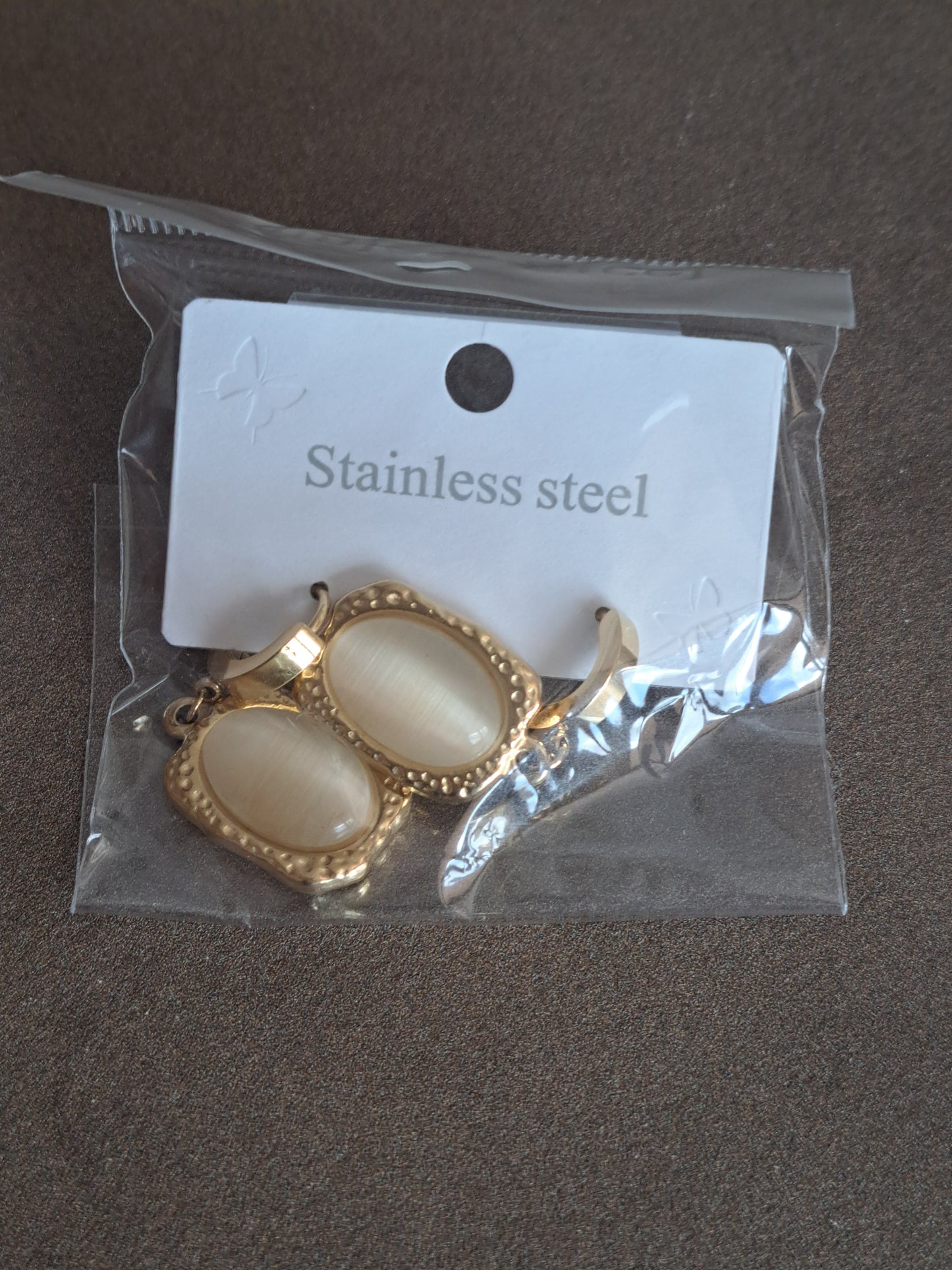 Stainless Steel Gold Tone Drop Earrings Cream Cat's Eye Effect Earrings Vint