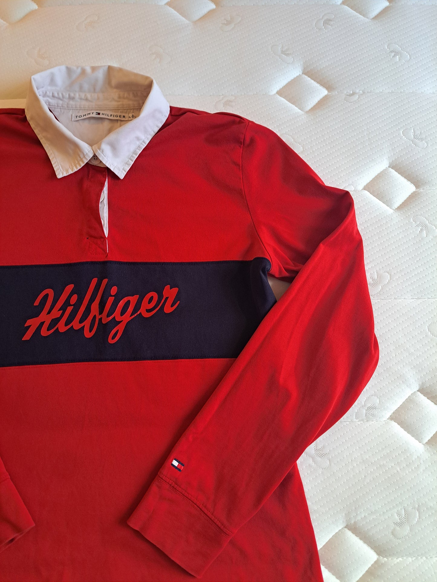 Tommy Hilfiger Rugby Shirt Red Navy Long Sleeve Polo Size L
