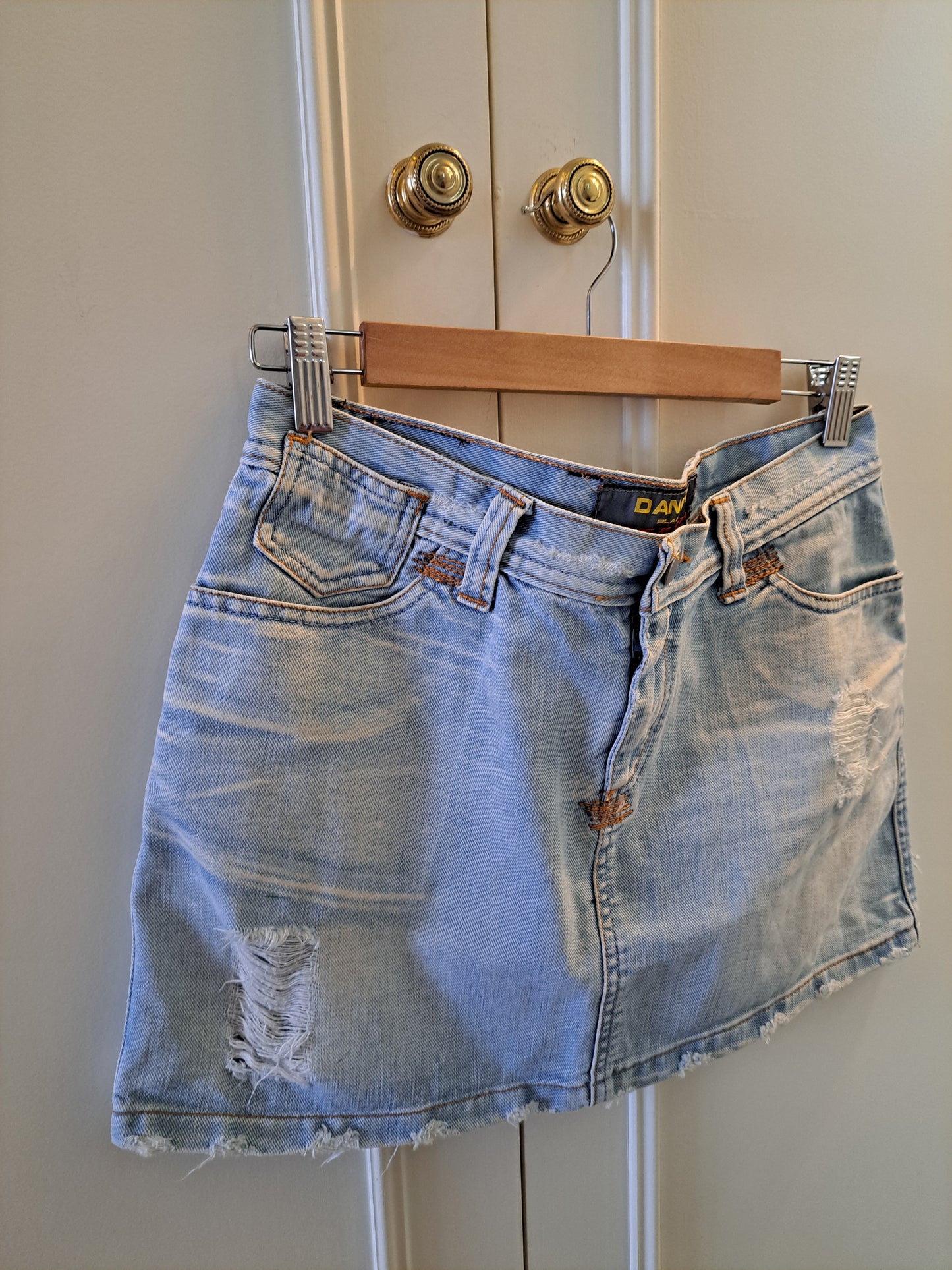 Y2K Distressed Denim Mini Skirt Size 30/44 Light Wash Patchwork Mini Skirt