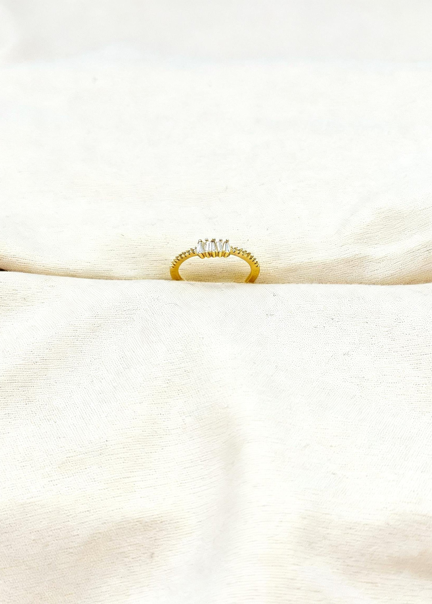 Gold adjustable baguette diamond cluster ring on finger
