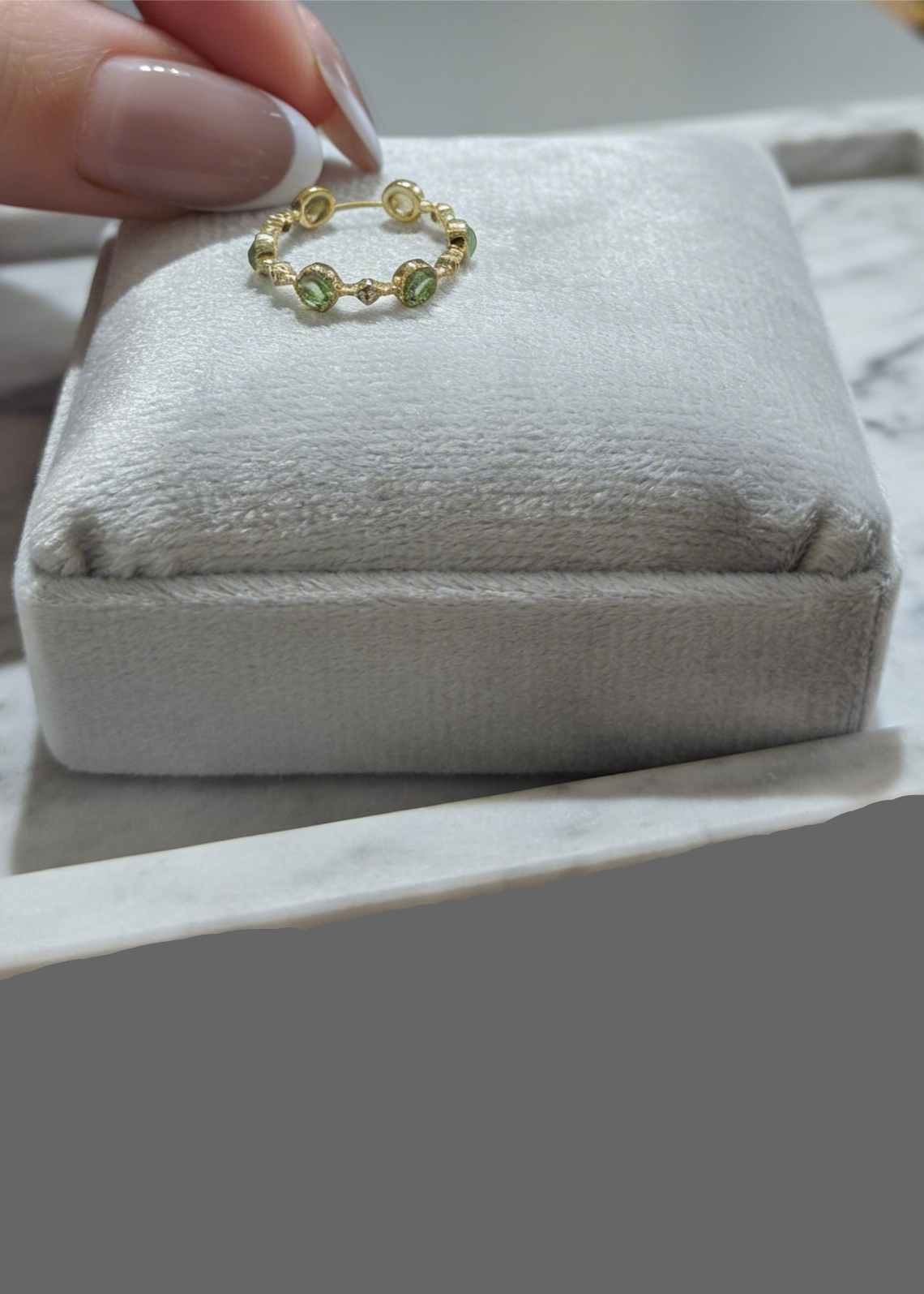 minimalist gold adjustable ring with green accents
