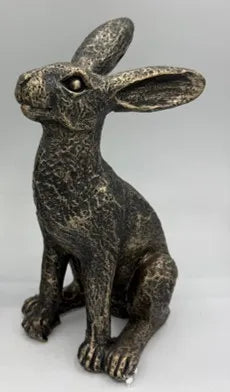 Alert hare aged gold resin sculpture sitting upright with textured finish and attentive pose