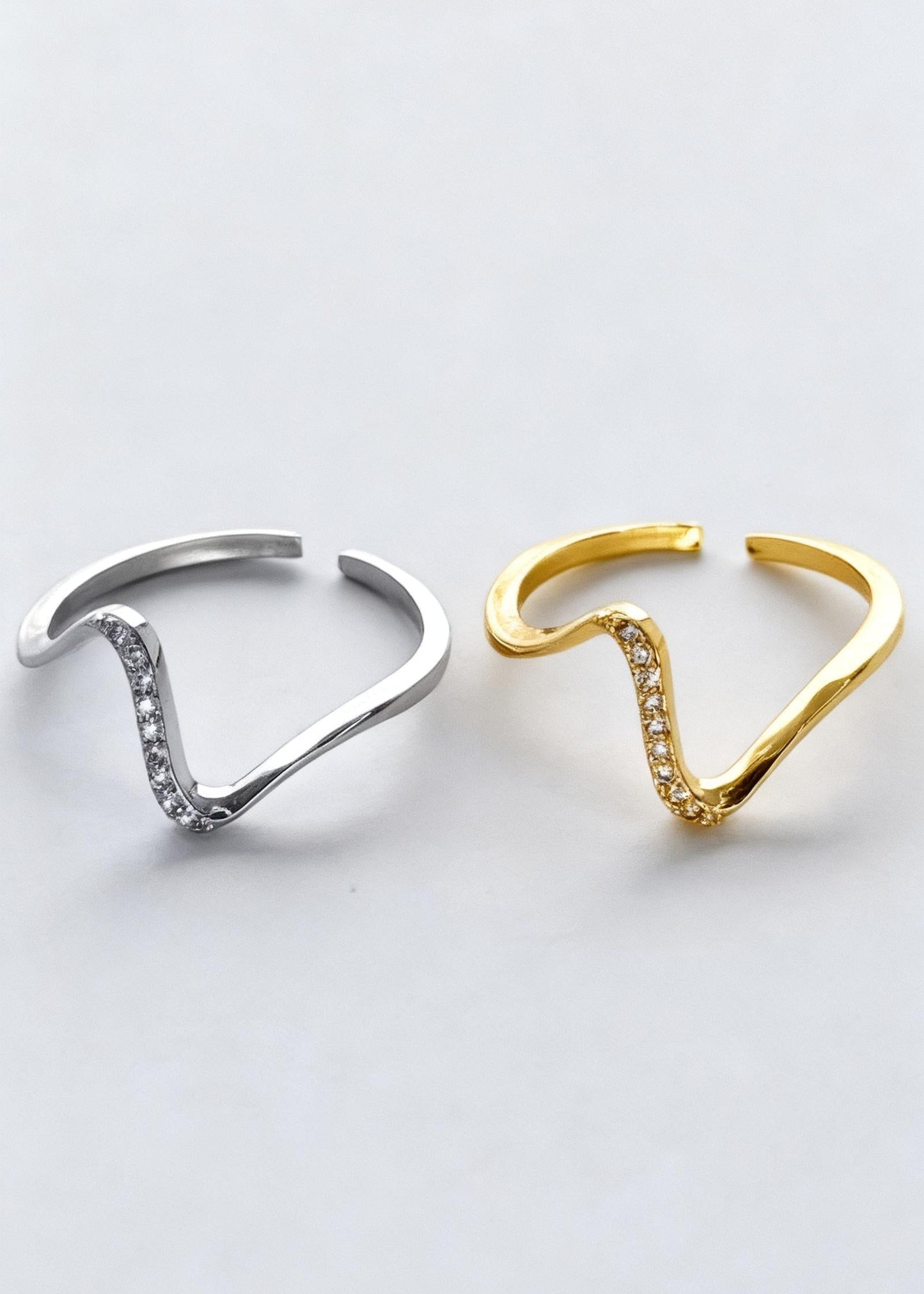 Silver adjustable wave ring with sparkling detail, minimalist modern waterproof jewellery