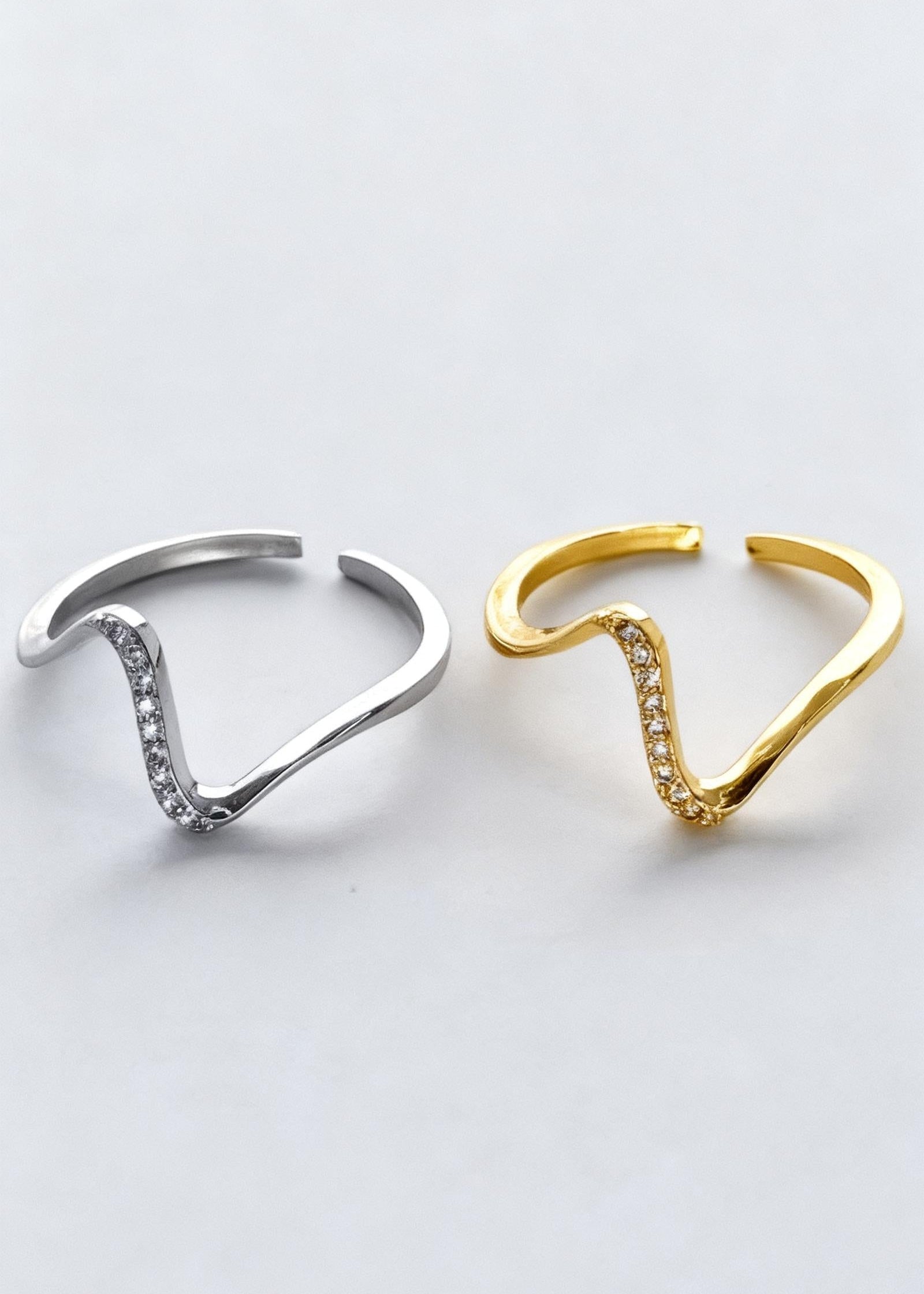 Silver adjustable wave ring with sparkling detail, minimalist modern waterproof jewellery