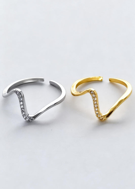 Silver adjustable wave ring with sparkling detail, minimalist modern waterproof jewellery