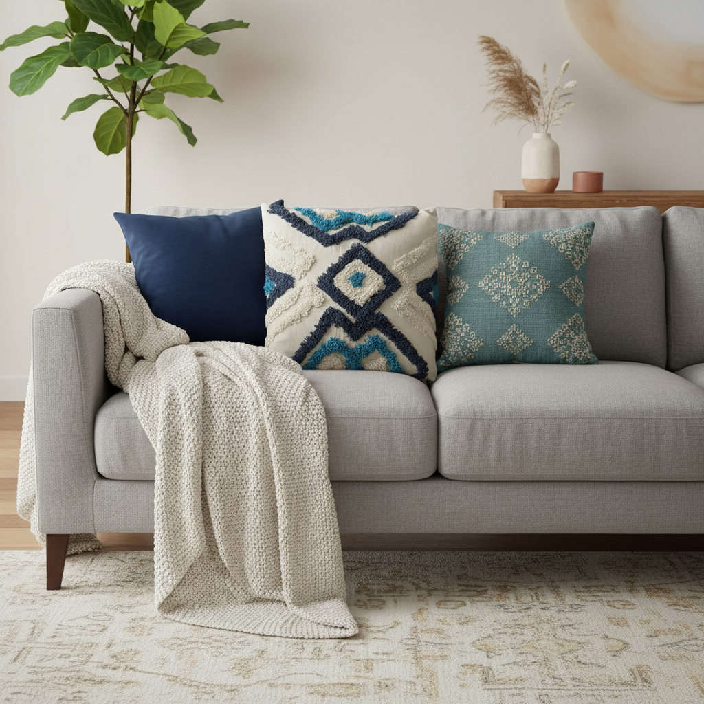 Gray sofa with decorative pillows and a blanket in a living room setting