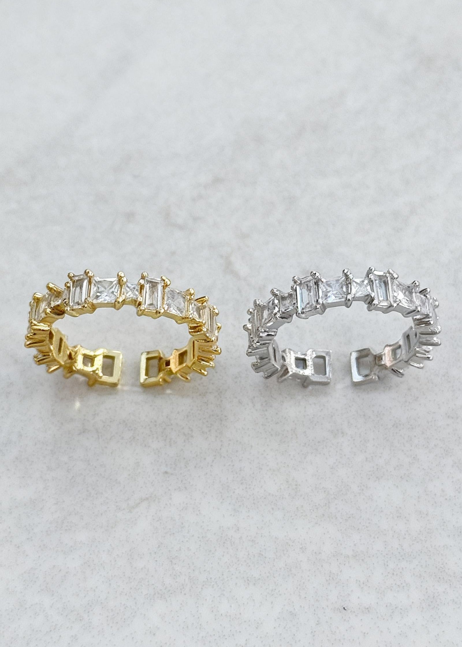 Gold adjustable ring with full baguette-cut stones, statement waterproof jewellery