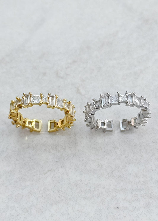 Gold adjustable ring with full baguette-cut stones, statement waterproof jewellery