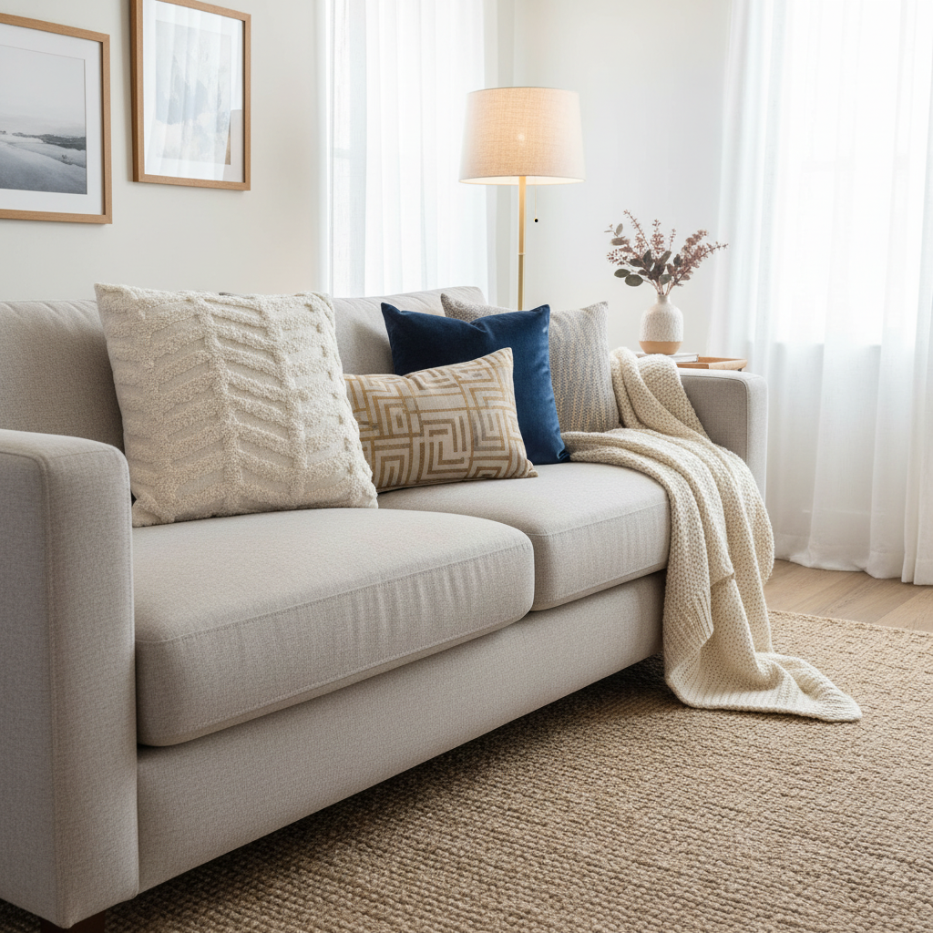 Beige sofa with decorative pillows and a blanket in a living room setting.