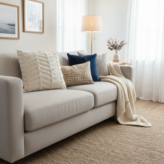Beige sofa with decorative pillows and a blanket in a living room setting.