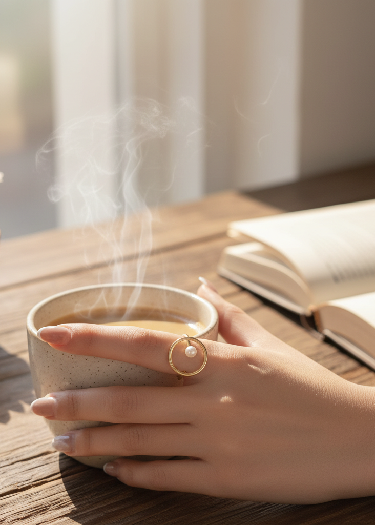 Gold pearl circle ring adjustable minimalist elegant jewellery water resistant tarnish resistant