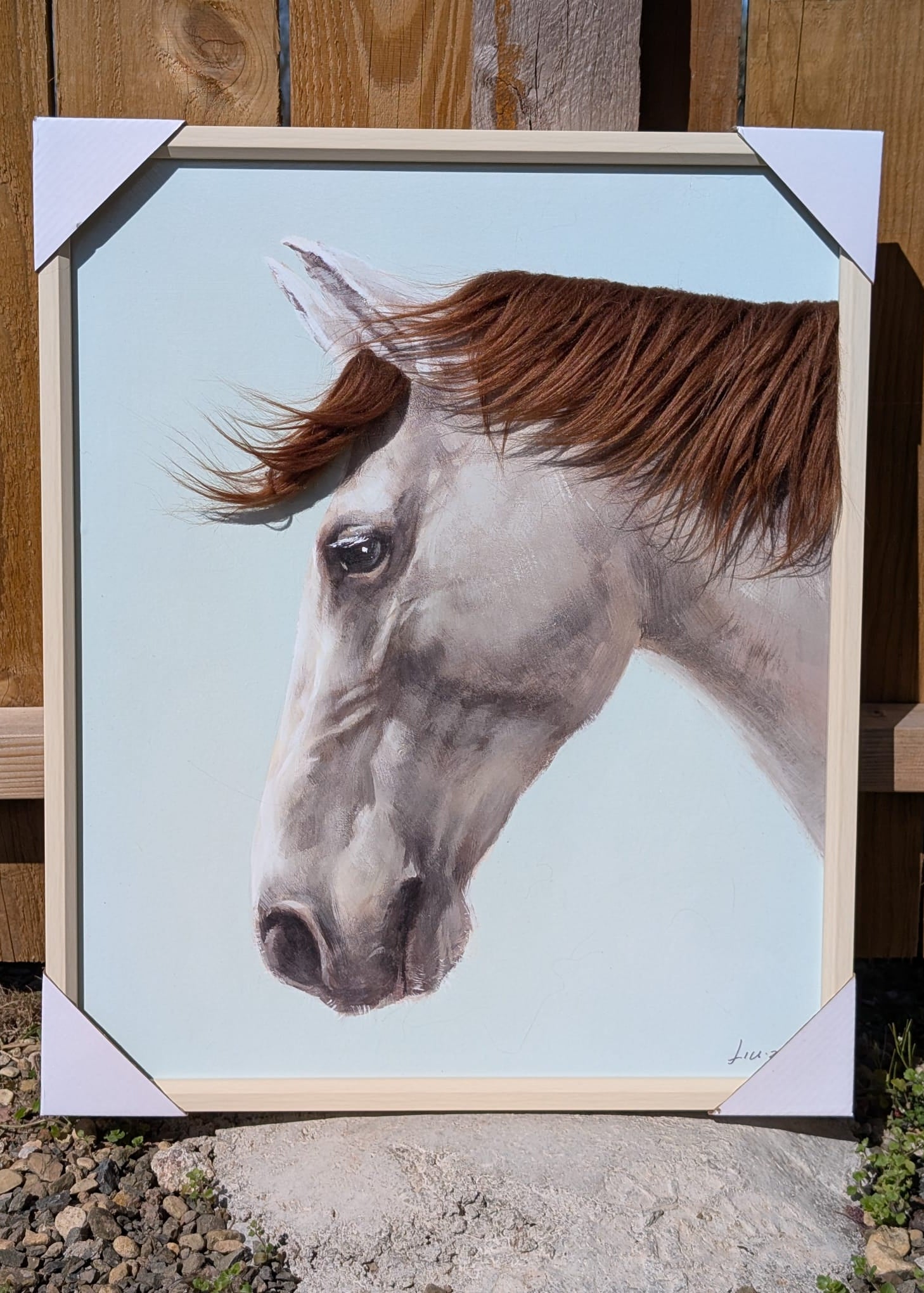 Realistic framed horse portrait with touchable hair detail and soft blue background