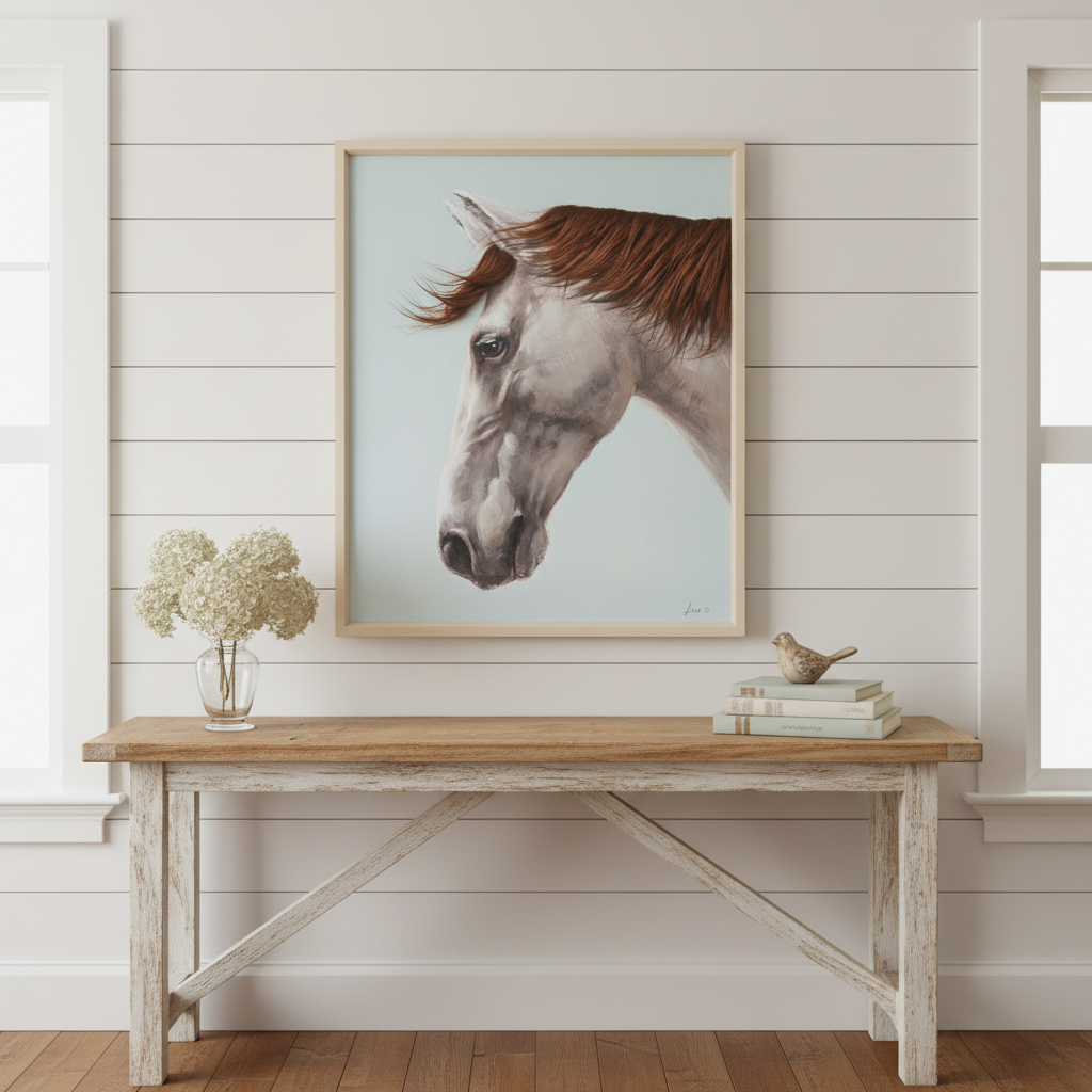 Framed painting of a horse on a wall above a wooden bench with decor items.