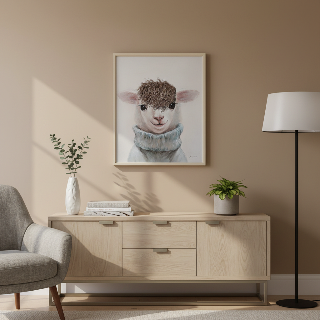 Modern living room with a wooden cabinet, gray armchair, and framed artwork of a lamb.