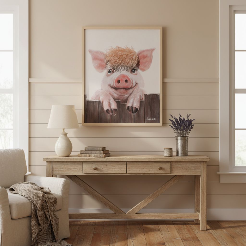 Framed Pig Wall Art with Touchable Textured Hair – Cute Farm Animal Decor (60x50cm)