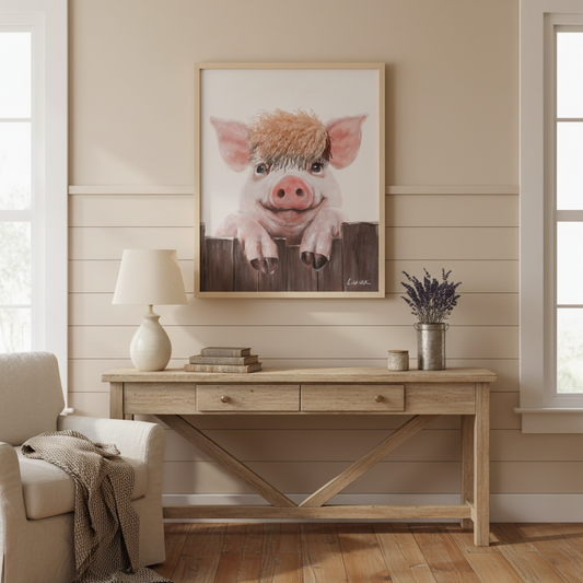 Framed Pig Wall Art with Touchable Textured Hair – Cute Farm Animal Decor (60x50cm)