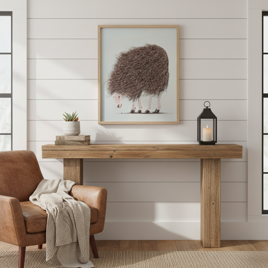 Wooden console table with a brown armchair and framed artwork on a white wall.