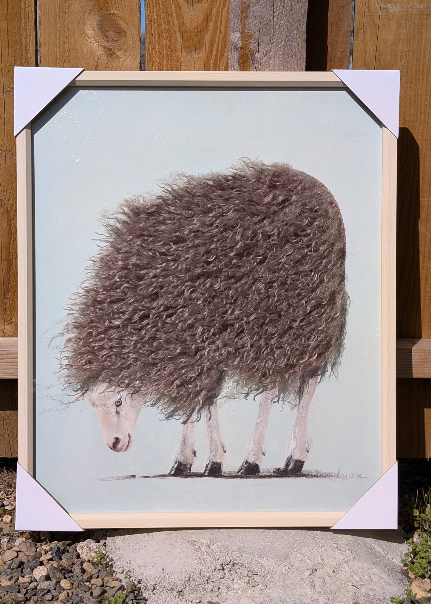 Framed sheep artwork with realistic curly touchable wool texture on soft neutral background