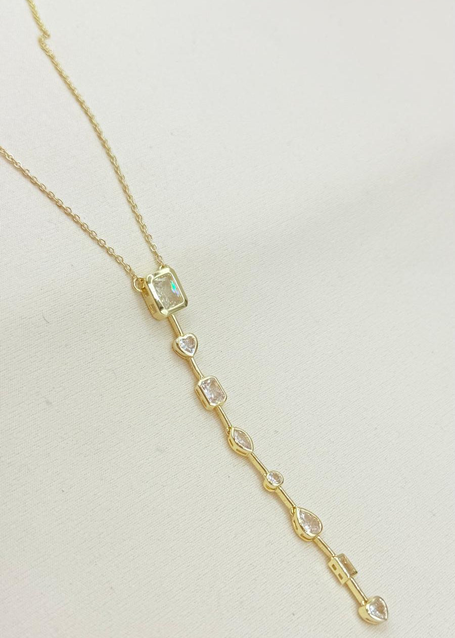 gold multi charm drop necklace with crystal pendant vertical design