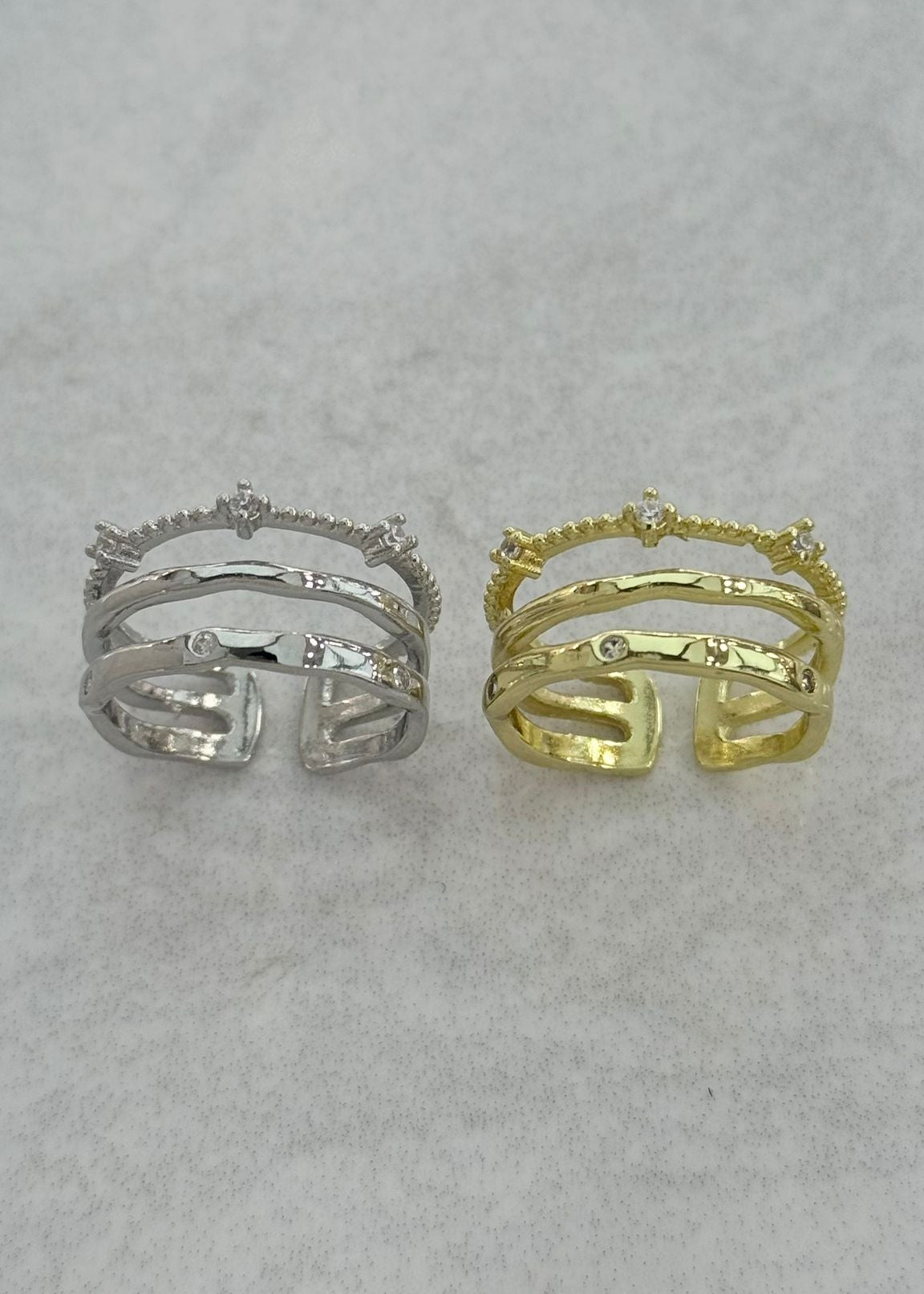 Gold plated multi band open ring with zirconia stones adjustable statement ring