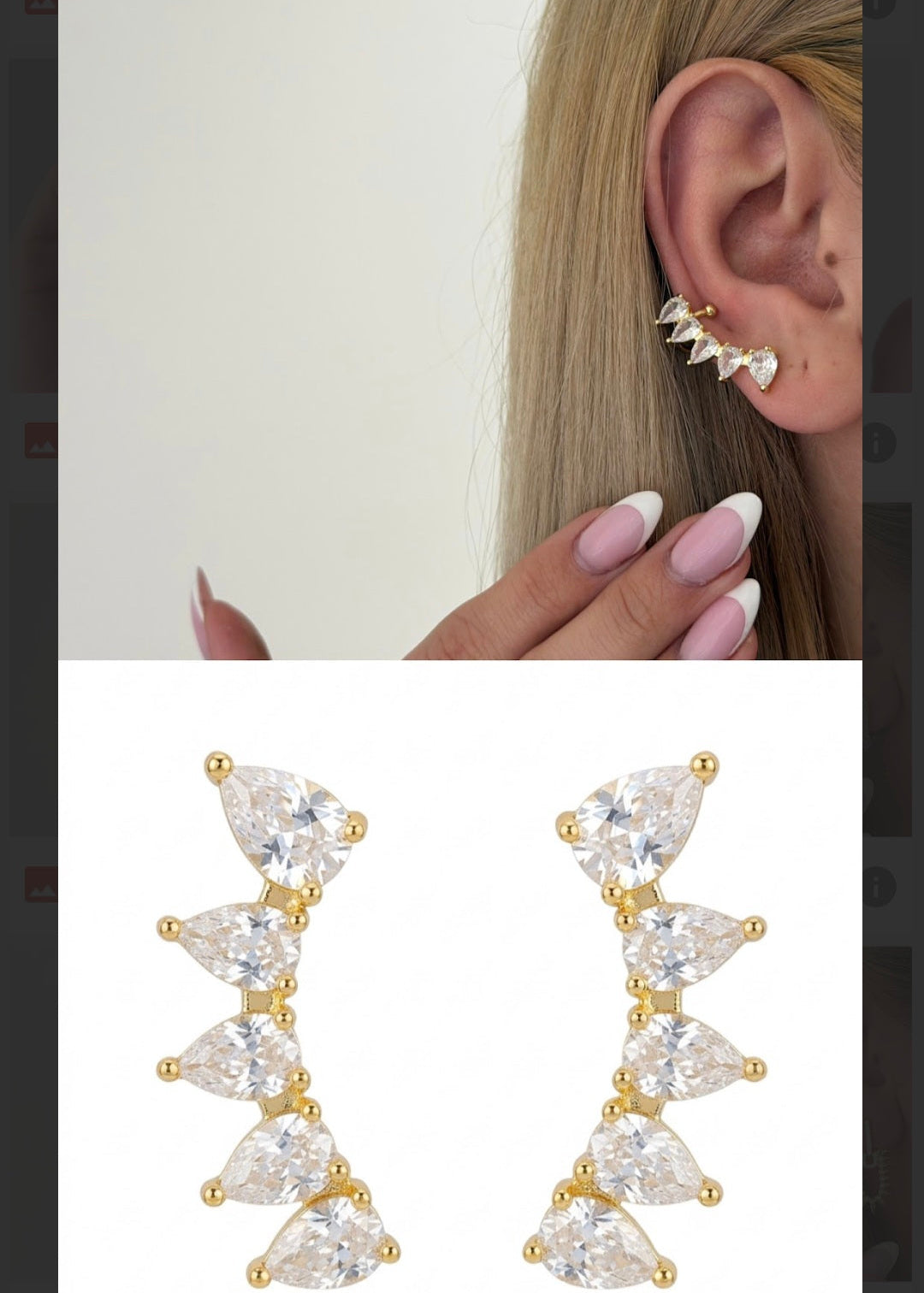 Gold plated pear cut zirconia ear climber earrings worn on ear with multiple sparkling stones