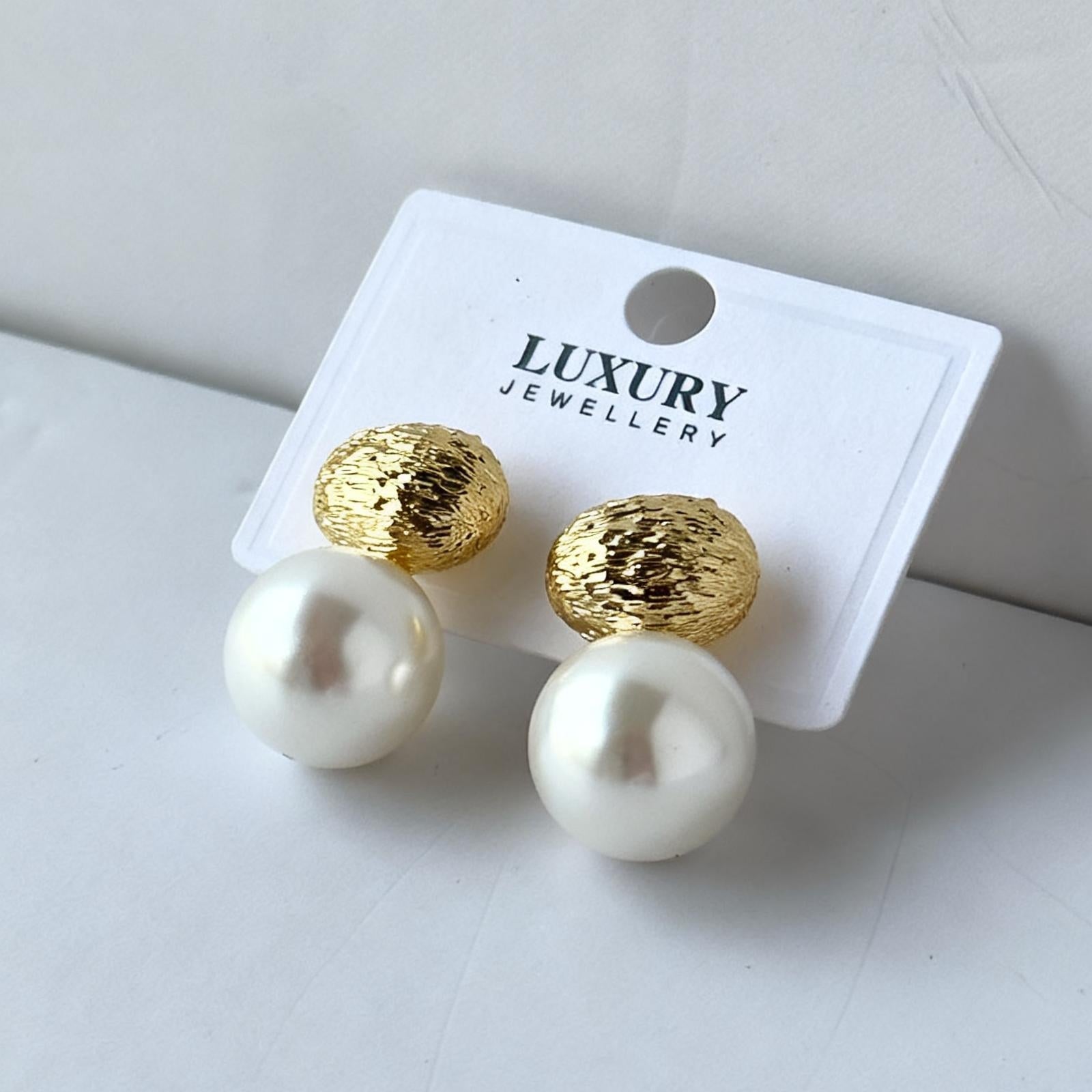 Gold textured stud pearl drop earrings with white pearl, elegant non-tarnish water-resistant jewellery