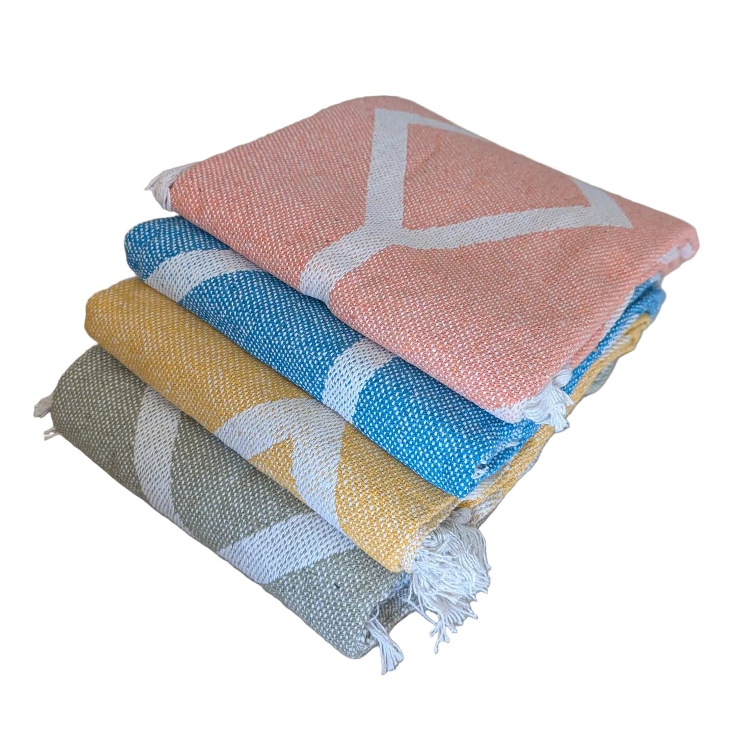 Green cotton reversible geometric throw blanket with white pattern and tassel fringe