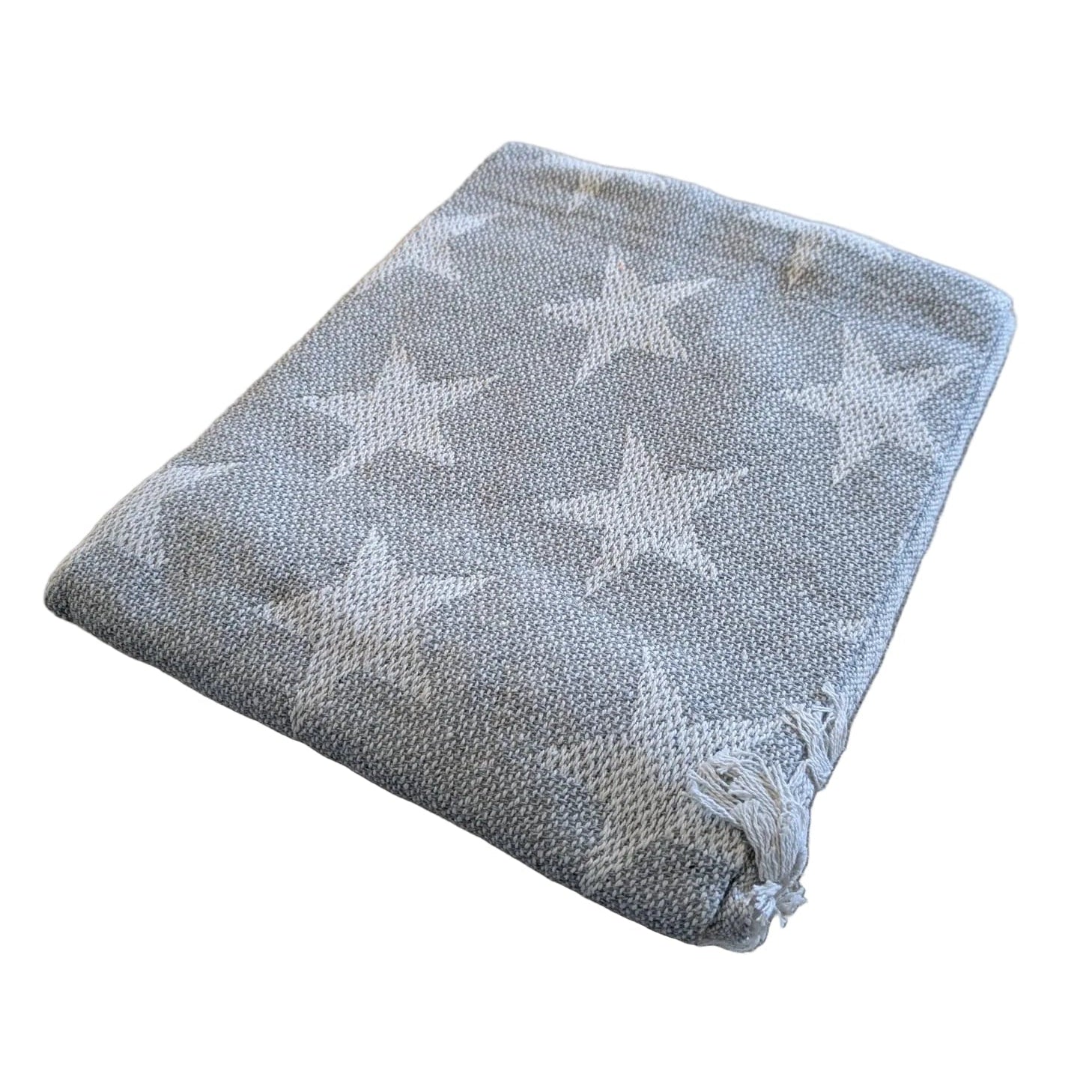 Close-up of grey woven cotton blanket showing reversible star design