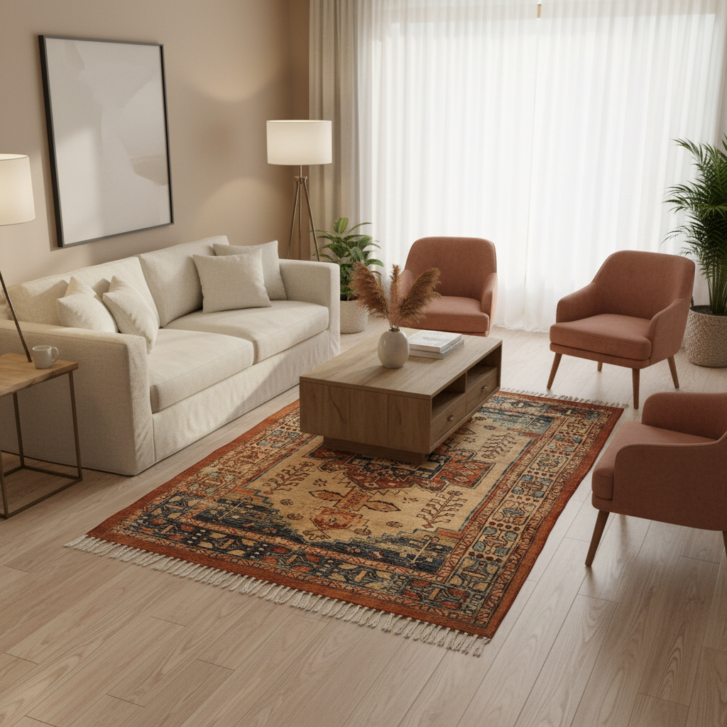 Large vintage tribal cotton rug with geometric patterns in warm earthy tones, 120x180cm boho area rug