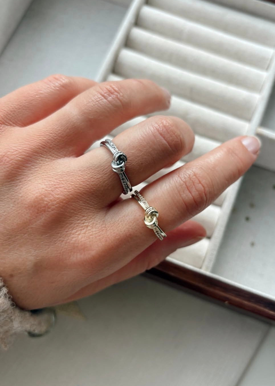 Gold adjustable knot ring with sparkling band, minimalist waterproof jewellery