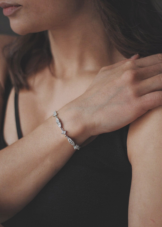 Elegant silver zirconia bracelet worn on wrist