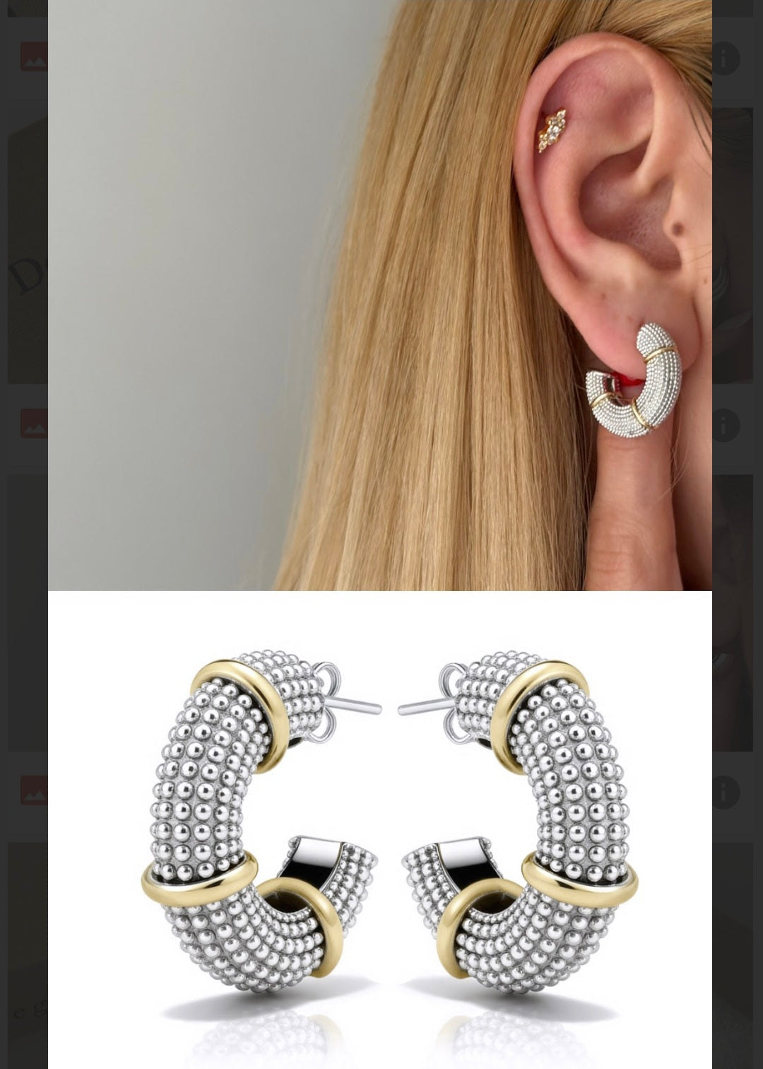Close-up of luxury two-tone beaded hoop earrings in gold and silver worn on ear, textured statement jewelry for women