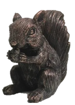 Miniature squirrel bronze effect resin figurine holding a nut with detailed textured finish