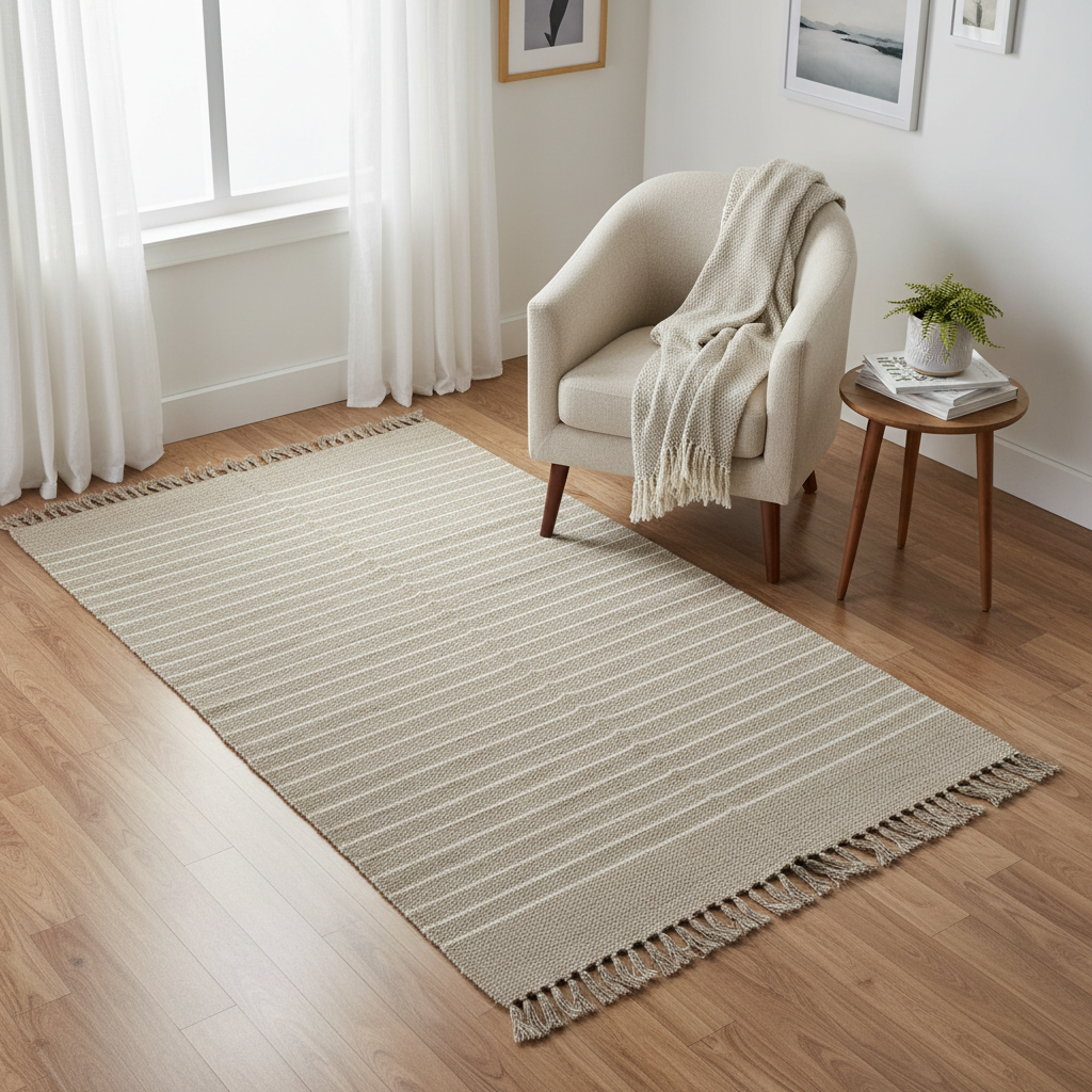Natural Jute & Cotton Rug 120x180cm – Neutral Boho Handwoven Rug with Fringe
