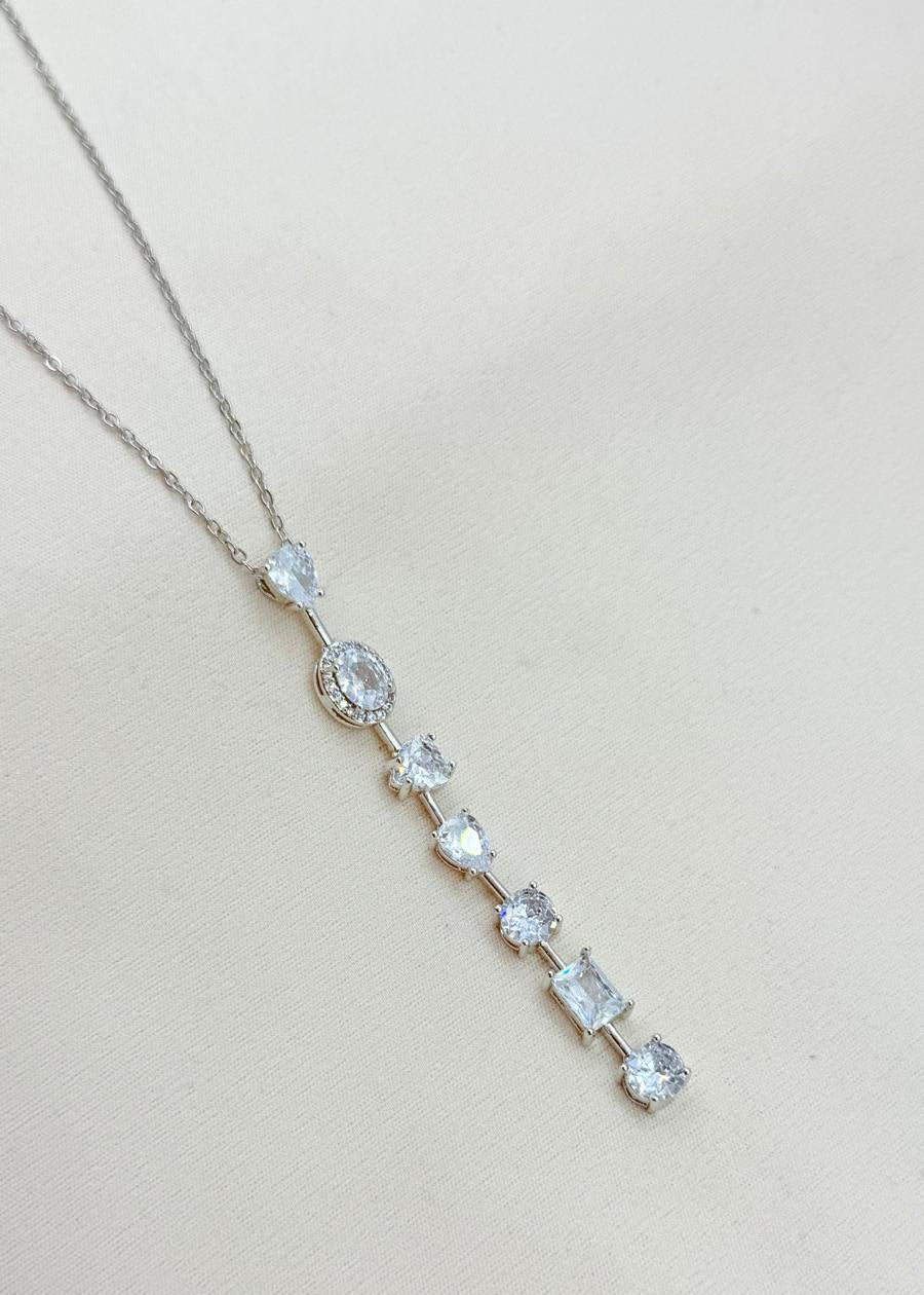 silver multi stone drop necklace with crystal pendant on delicate chain