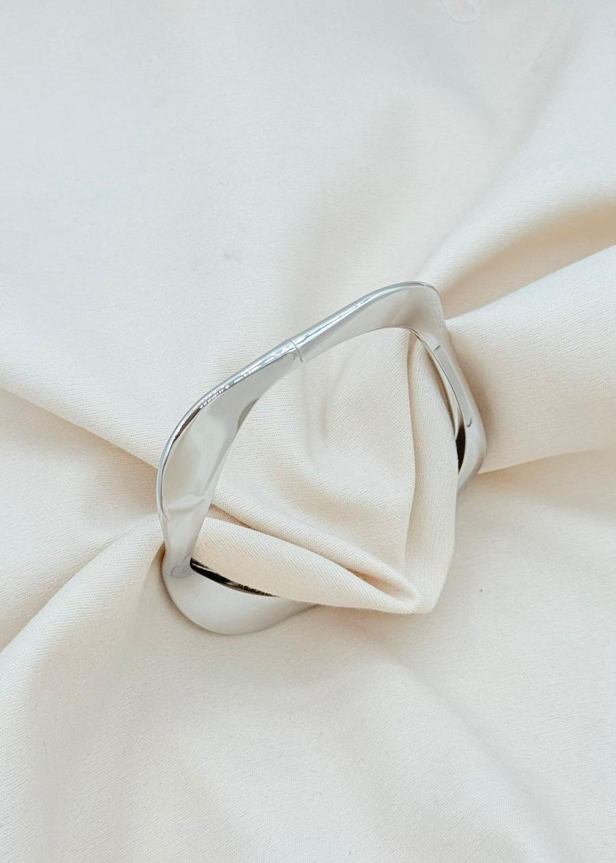 Silver rhodium plated sculptural open cuff bracelet minimalist statement bangle