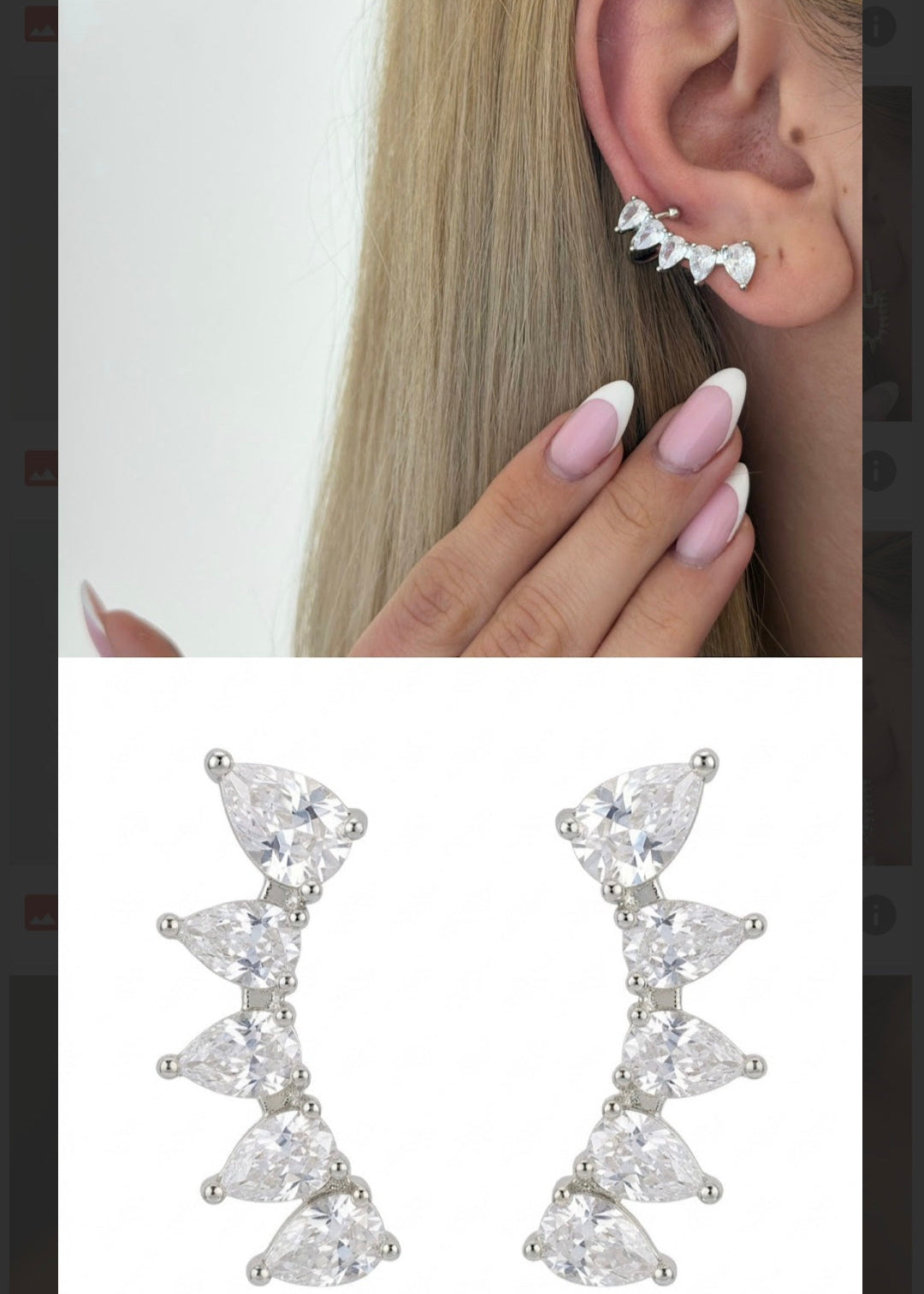 Silver zirconia leaf climber earrings with pear-cut stones worn on ear modern elegant ear climbing design
