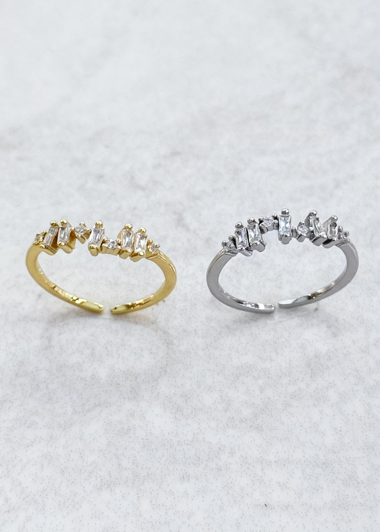 Silver adjustable ring with mixed baguette and round stones, modern minimalist waterproof jewellery