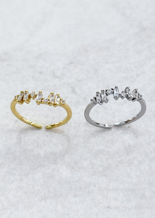 Silver adjustable ring with mixed baguette and round stones, modern minimalist waterproof jewellery