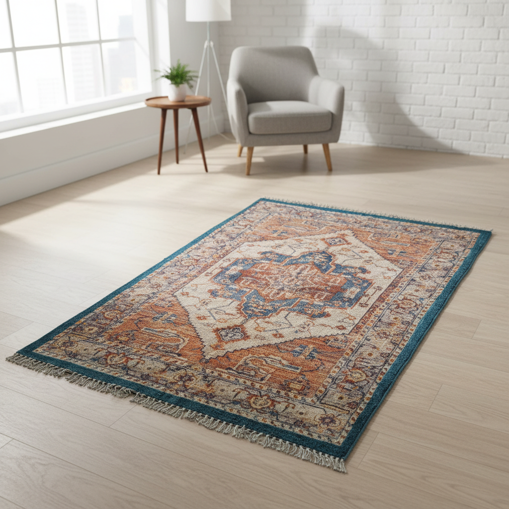 Decorative rug with intricate patterns on a wooden floor in a room with a chair and side table.