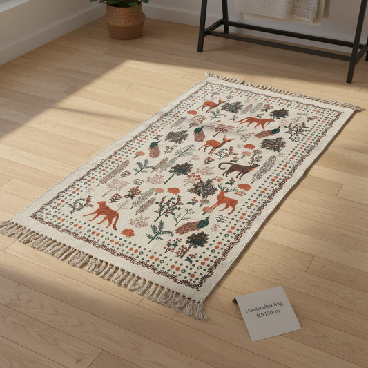 Decorative rug with animal and floral patterns on a wooden floor