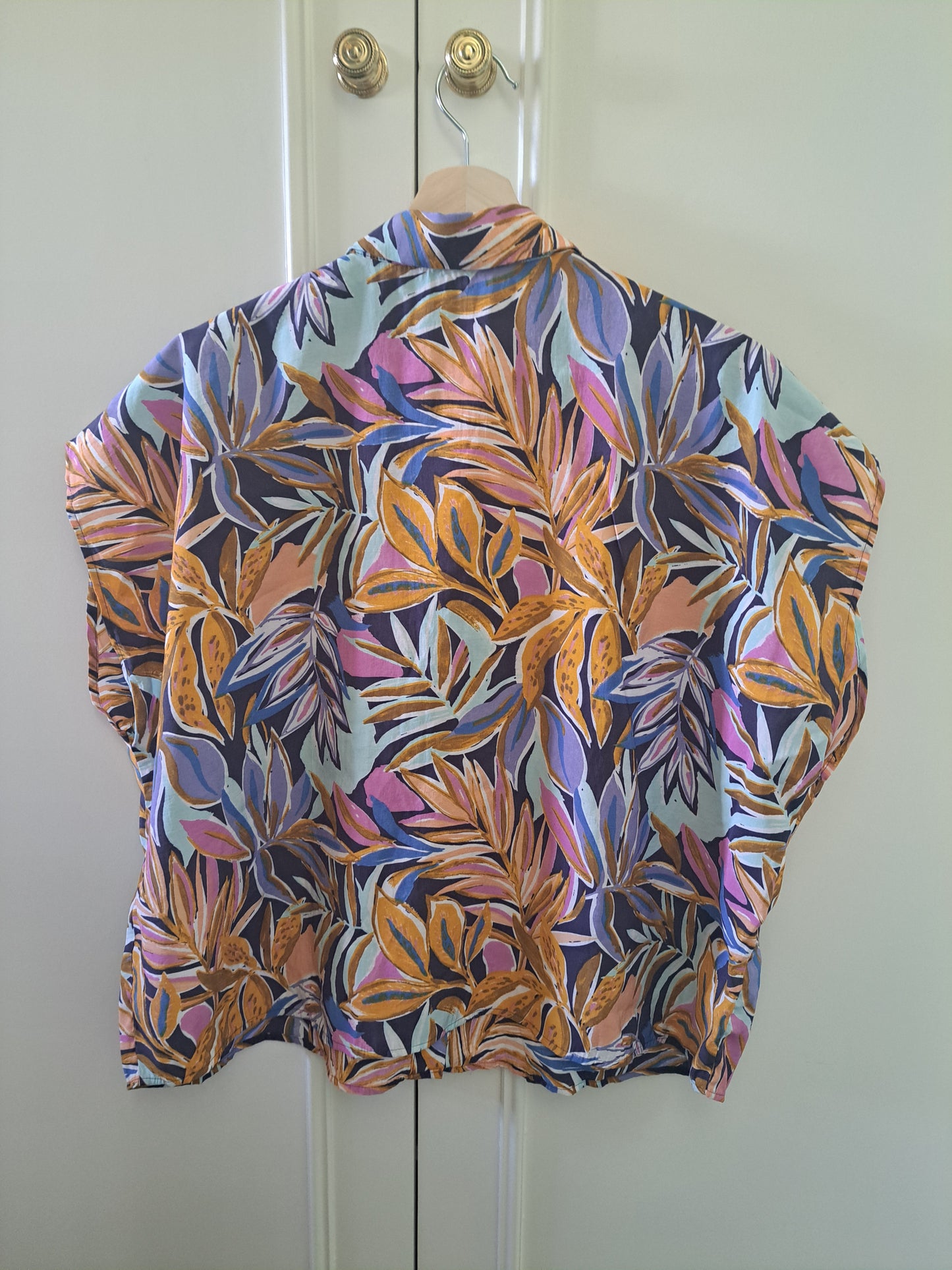 Women’s Tropical Leaf Print Button Up Blouse UK 20 Oversized Relaxed Summer Top