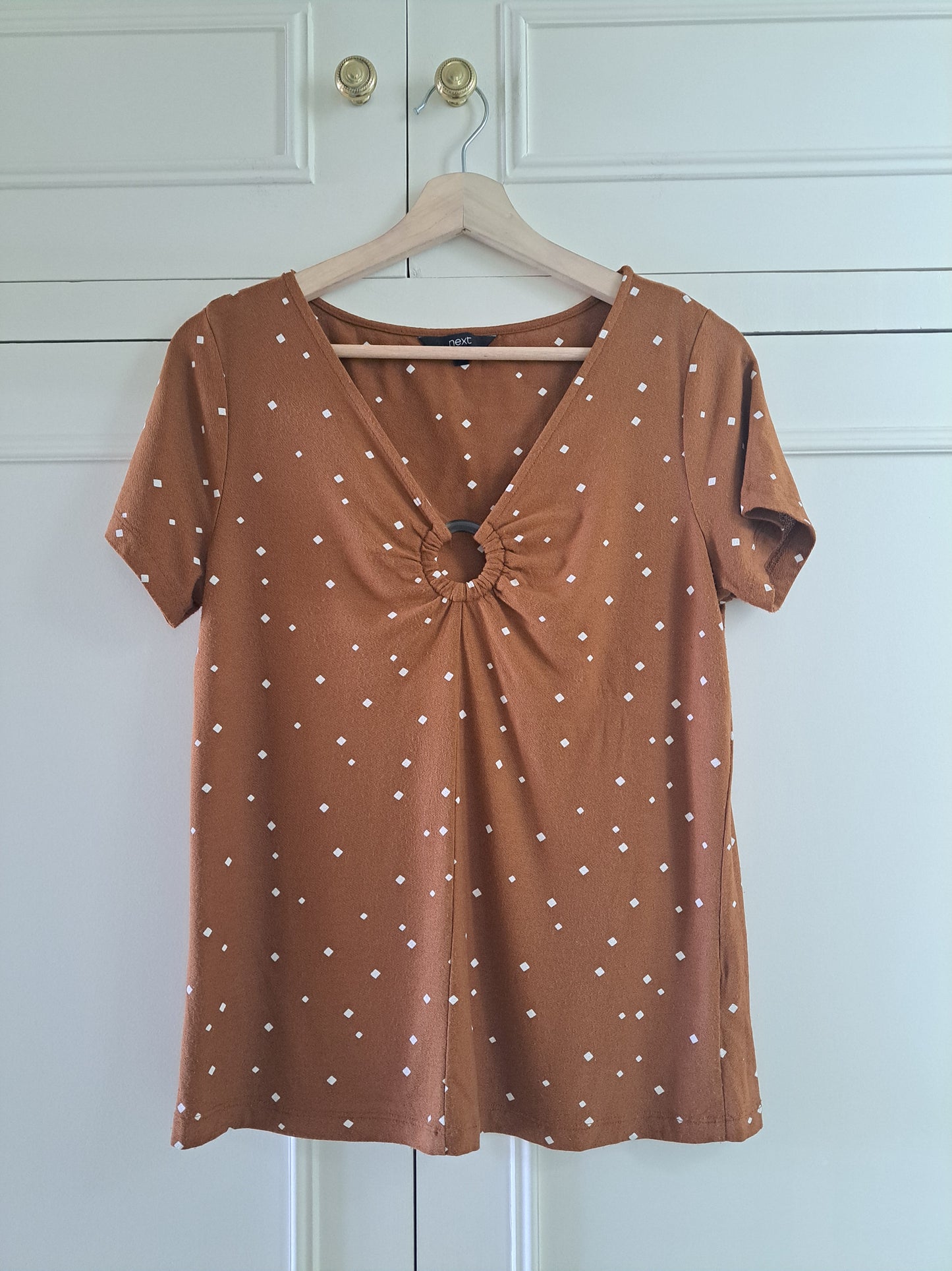 Next Brown Polka Dot Top Size 10 Ruched Ring Detail V-Neck
