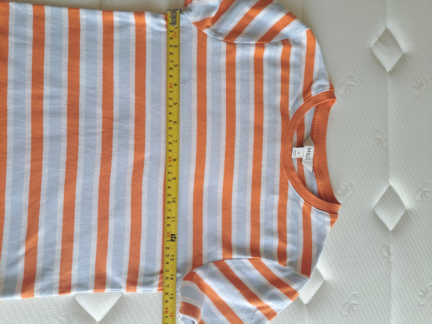 M&S Orange & White & Blue Striped Cotton Top Size 12 Casual Summer T-Shirt