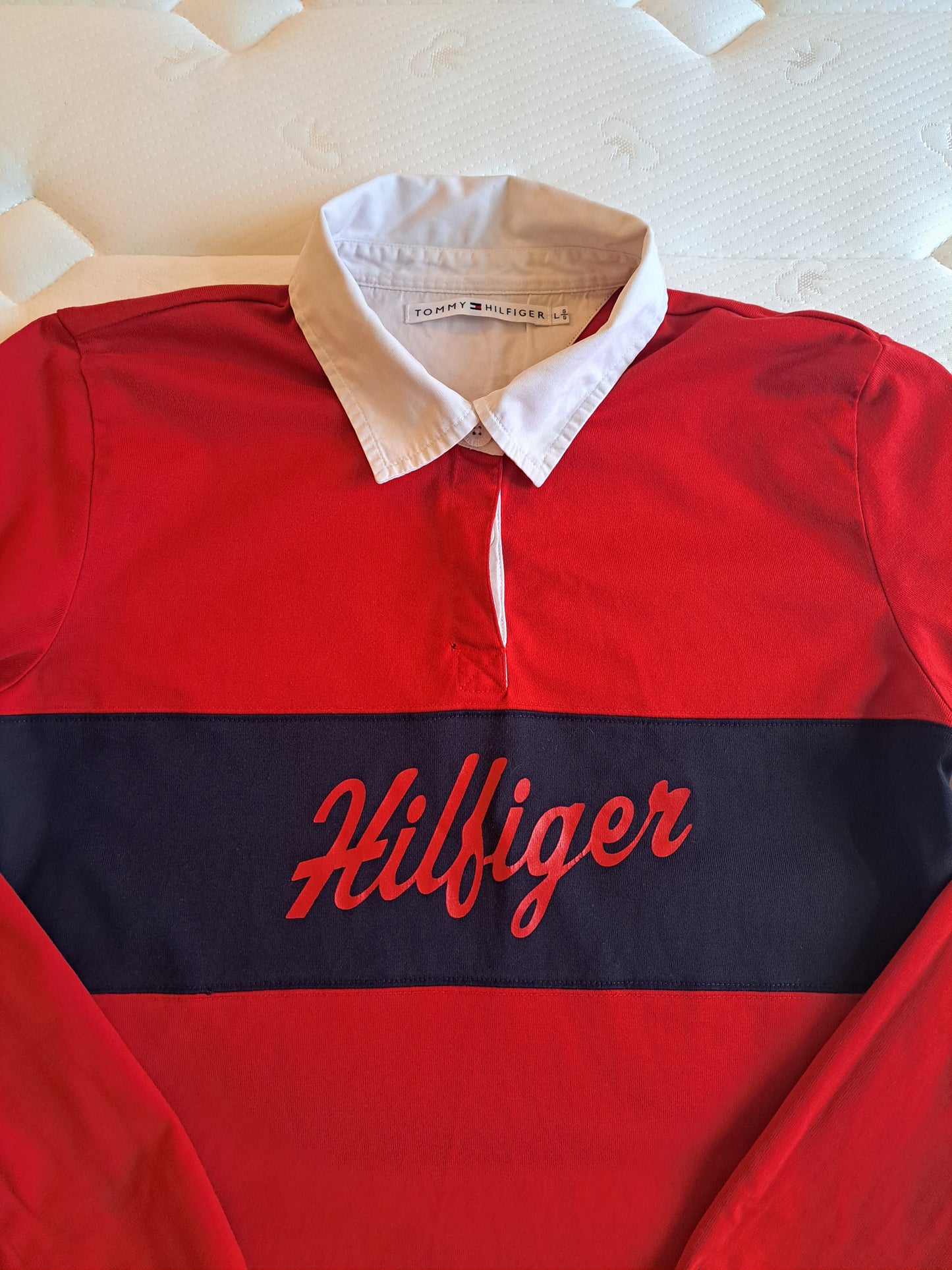Tommy Hilfiger Rugby Shirt Red Navy Long Sleeve Polo Size L