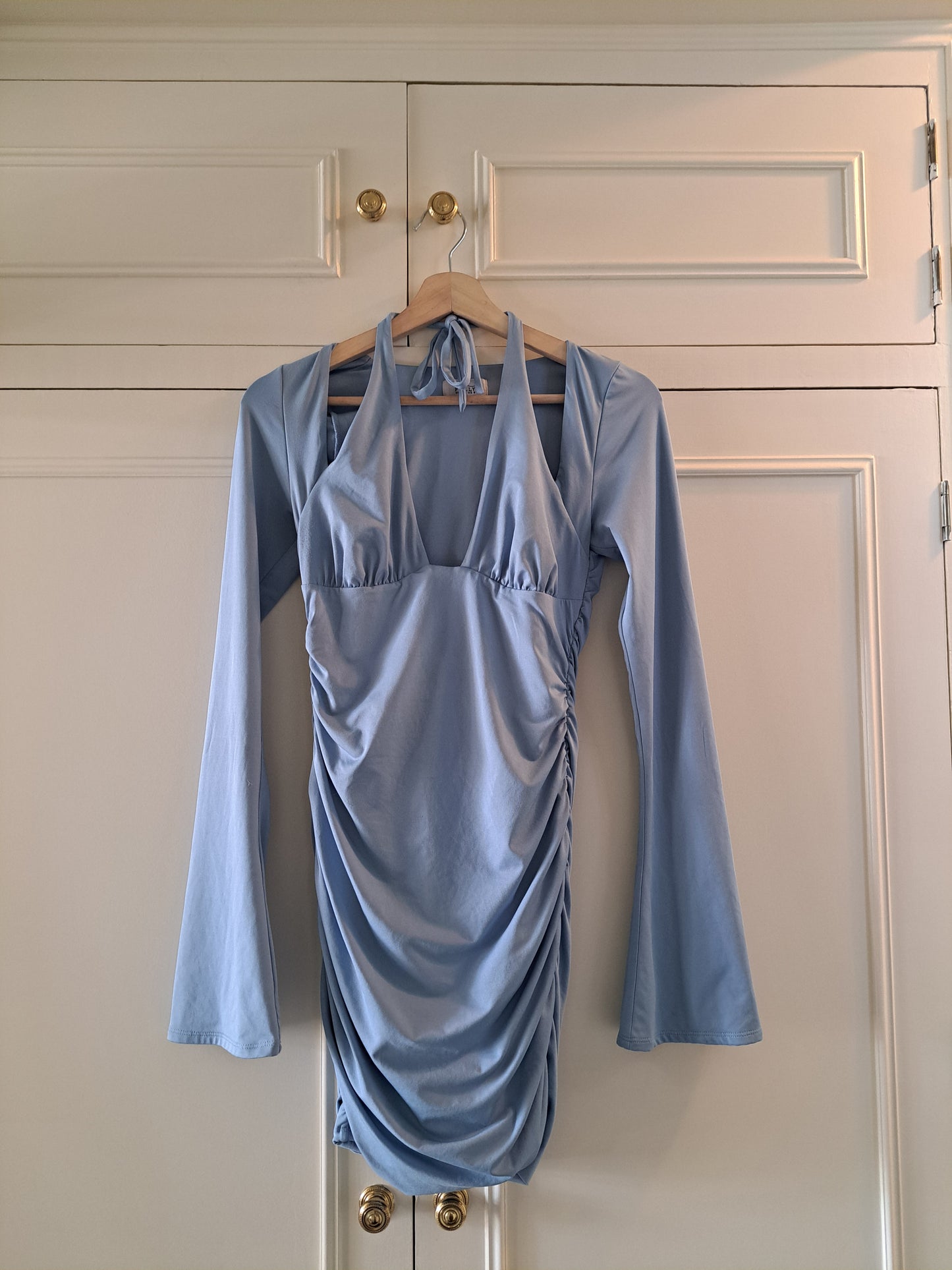 Oh Polly Blue Ruched Bodycon Midi Dress UK 10 Cut Out Occasion Dress