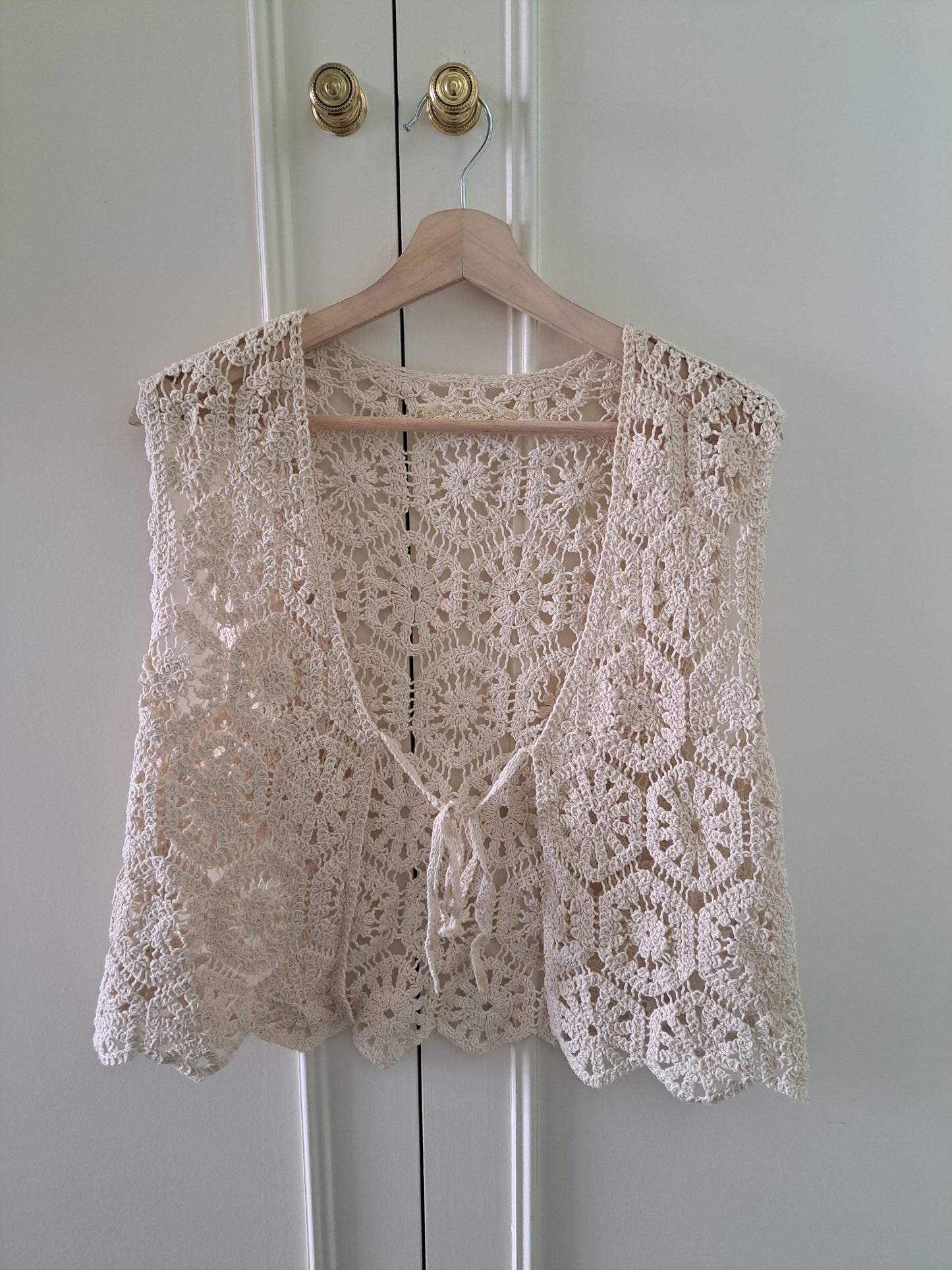 Cream Crochet Knit Waistcoat Boho Festival Open Front Vest