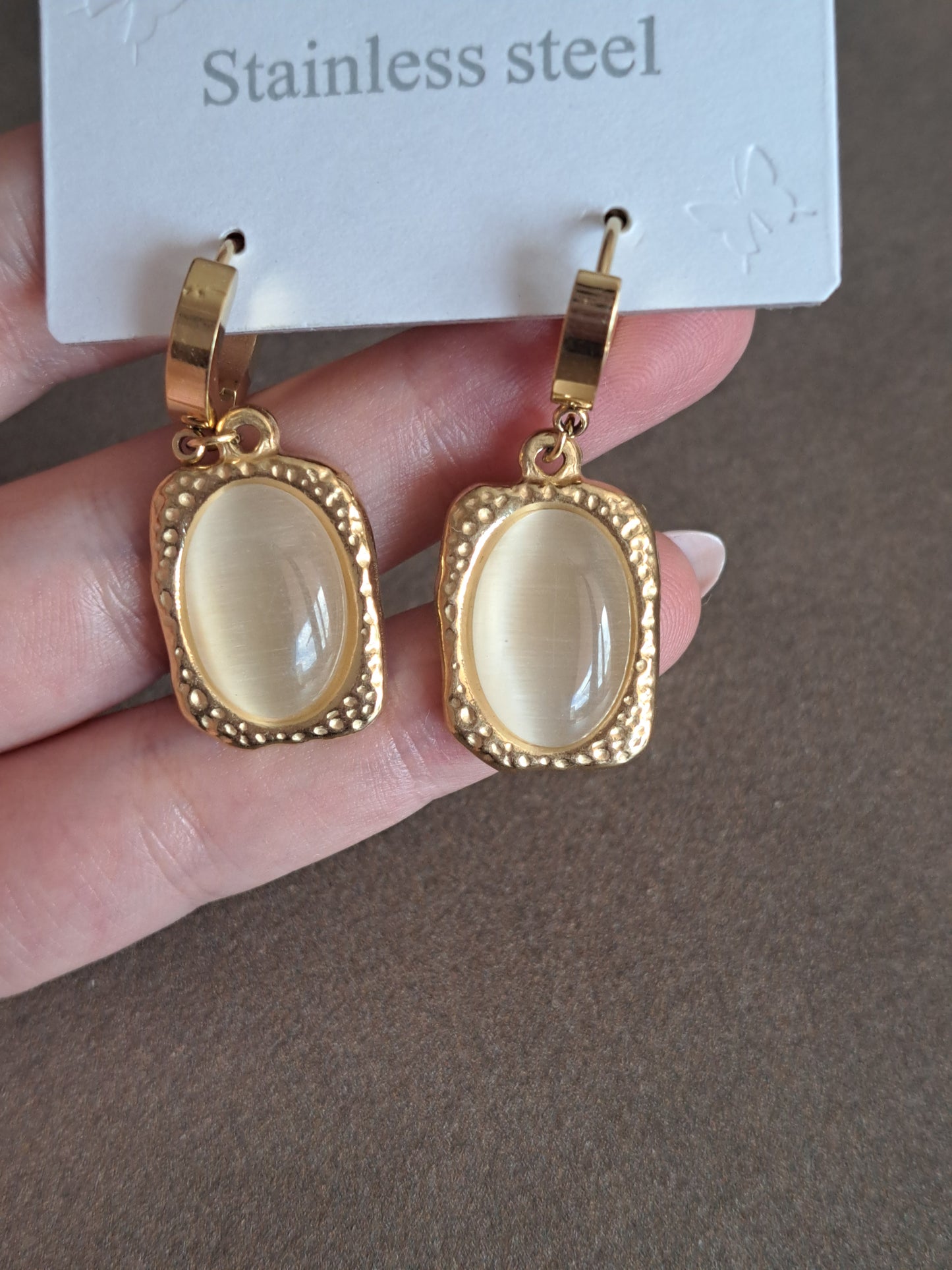 Stainless Steel Gold Tone Drop Earrings Cream Cat's Eye Effect Earrings Vint