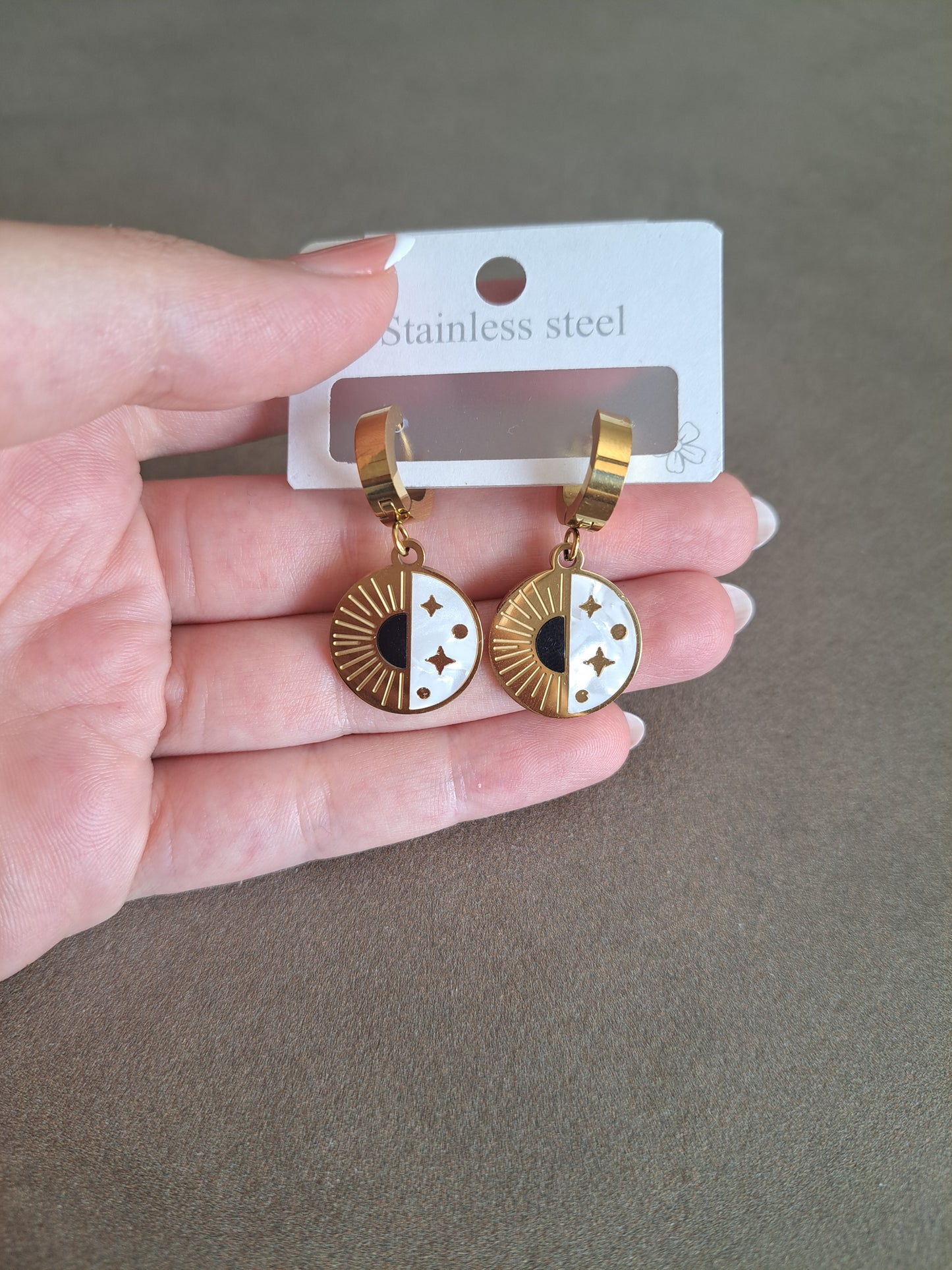 Sun & Moon Drop Hoop Earrings Gold Tone Celestial Earrings White Enamel Dang